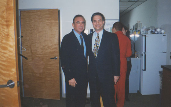 With O J Simpson lawyer Robert Shapiro in the 'green room' of 'Politically Incorrect' - about to introduce him to series host Bill Maher - 1999